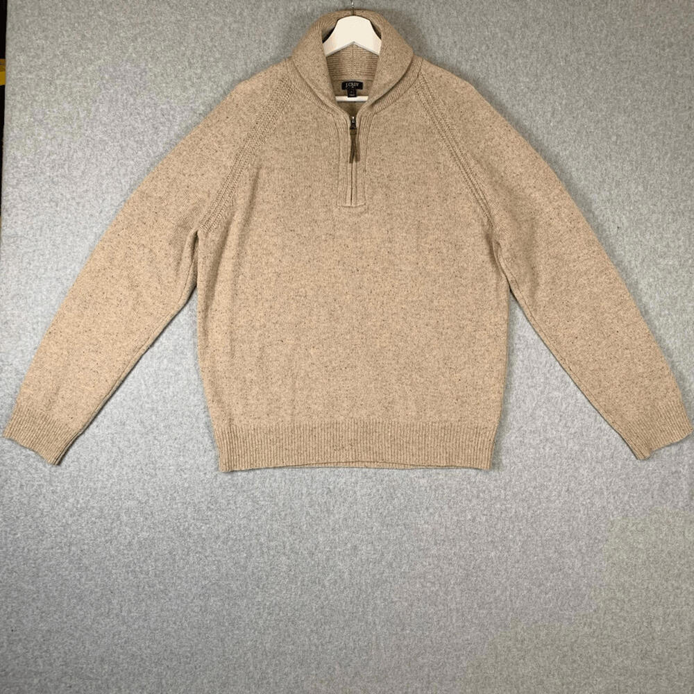 J. Crew Men's Size Large Tan 1/4 Zip Lambs Wool Pullover Sweater High Neck